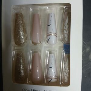 Gold glitter pink white marble press on nails